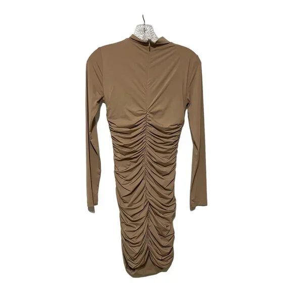 TEN by Babaton Small Tan Long Sleeve Mock Neck Ruch Detail Bodycon Dress - Picture 3 of 6